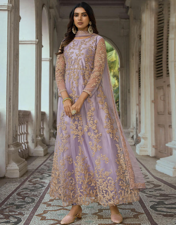 Lavender Heavy Butterfly Net Chudidar Anarkali