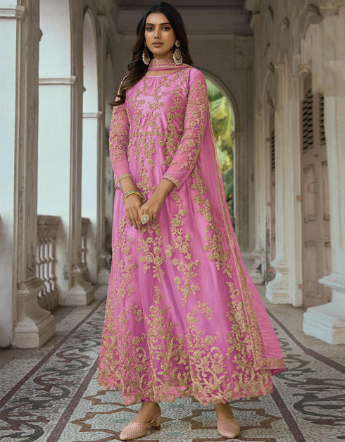 Pink Heavy Butterfly Net Chudidar Anarkali