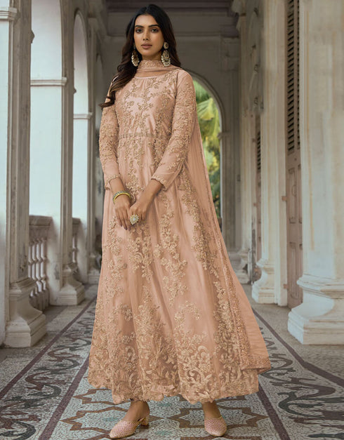 Beige Heavy Butterfly Net Chudidar Anarkali