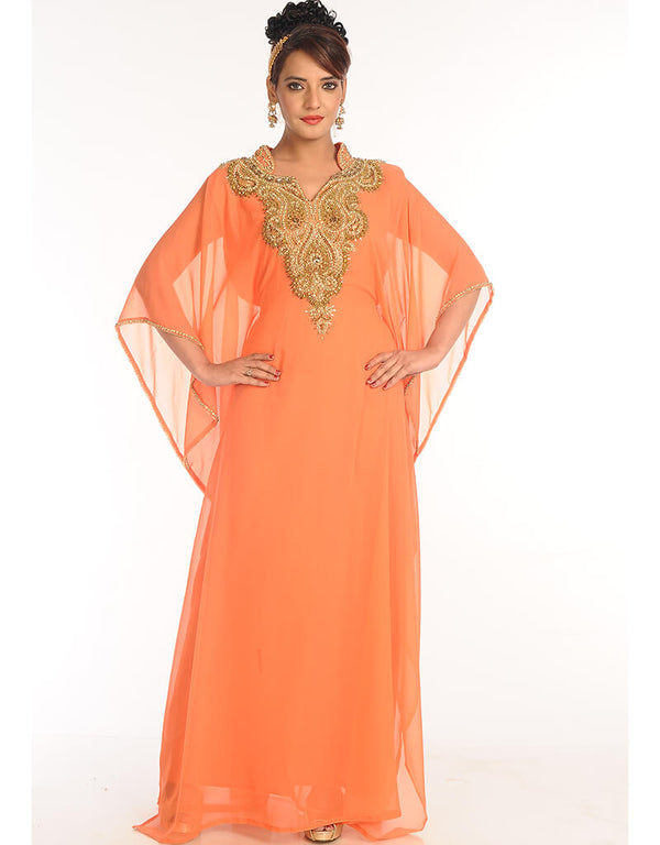 Modern Peach Georgette Hand Embroidery Party Wear Kaftan