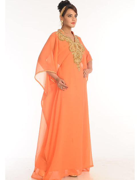 Modern Peach Georgette Hand Embroidery Party Wear Kaftan