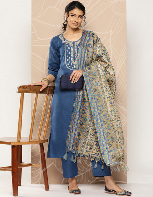 Dusky Blue Blended Cotton Straight Pant