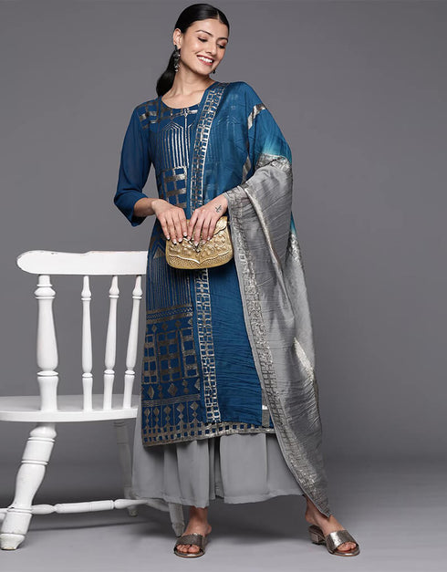 Dark Grey Blue Georgette Silk Straight Palazzo