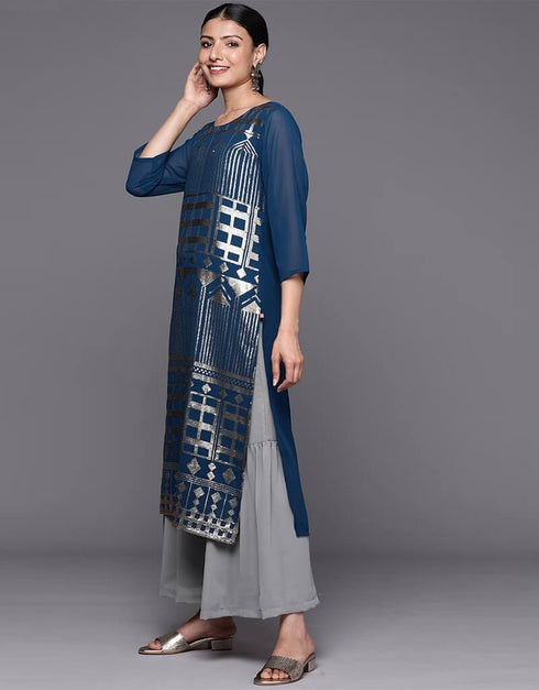 Dark Grey Blue Georgette Silk Straight Palazzo Closure View