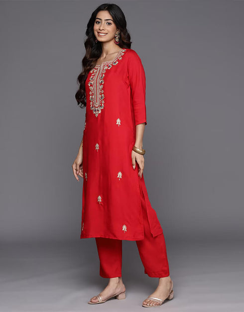 Fire Engine Red Viscos Rayon Straight Pant Closure View