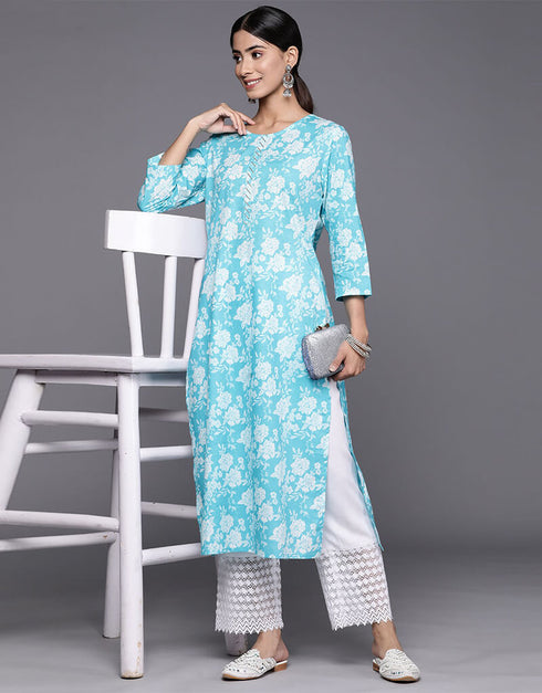 Coral Blue Cotton Straight Palazzo