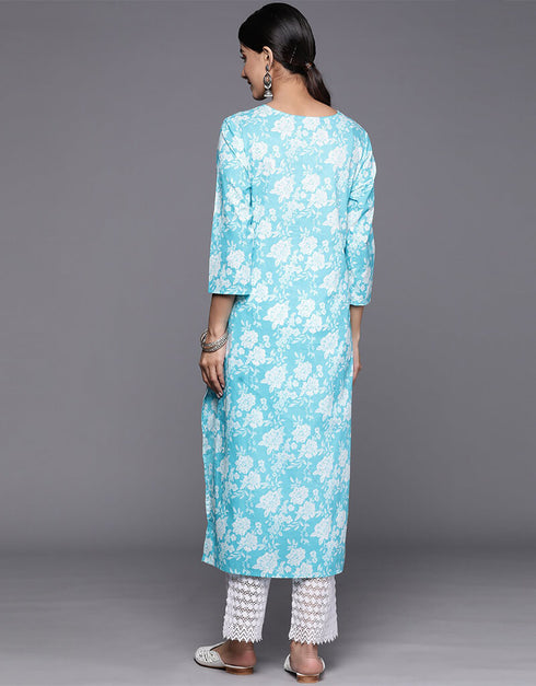 Coral Blue Cotton Straight Palazzo Closure View