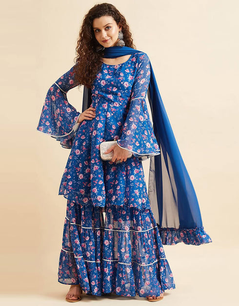 Regal Blue Poly Georgette Suit Sharara Closure View
