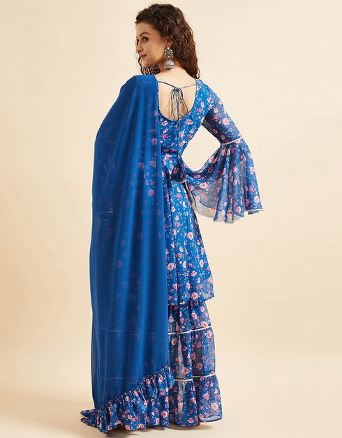 Regal Blue Poly Georgette Suit Sharara Women