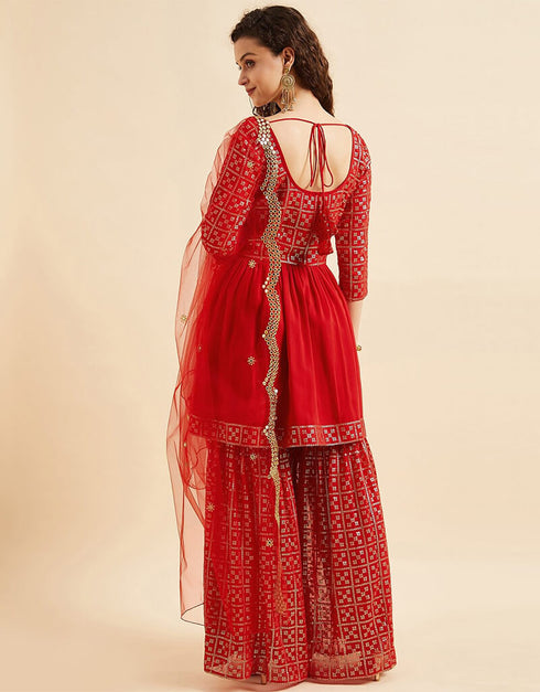 Milano Red Poly Georgette Suit Palazzo Women