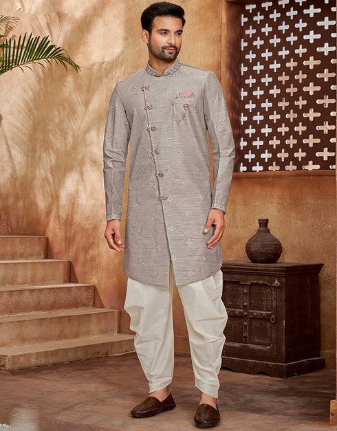 Grey Olive Sherwani Dupion Jecquared Dhoti