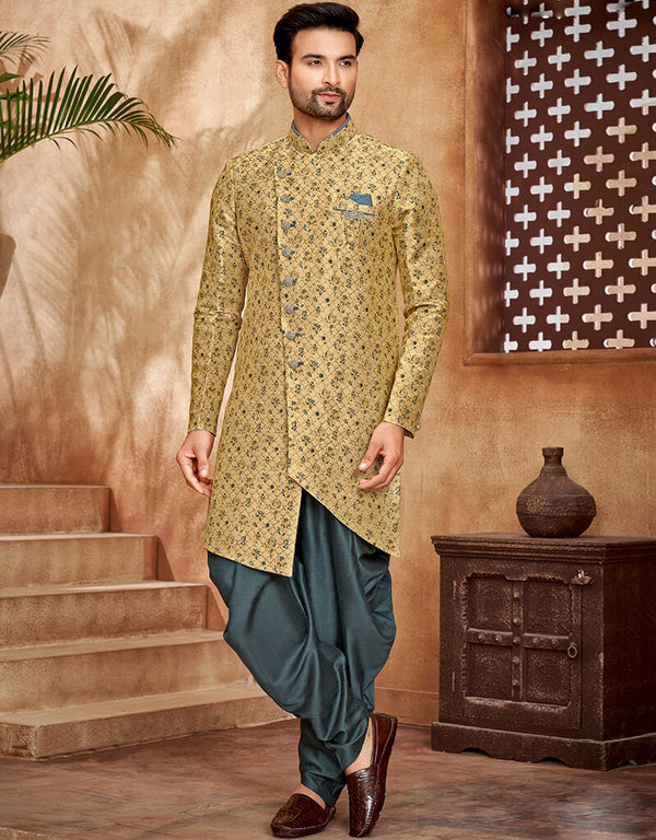 Desert Sand Sherwani Jecquared Silk Dhoti