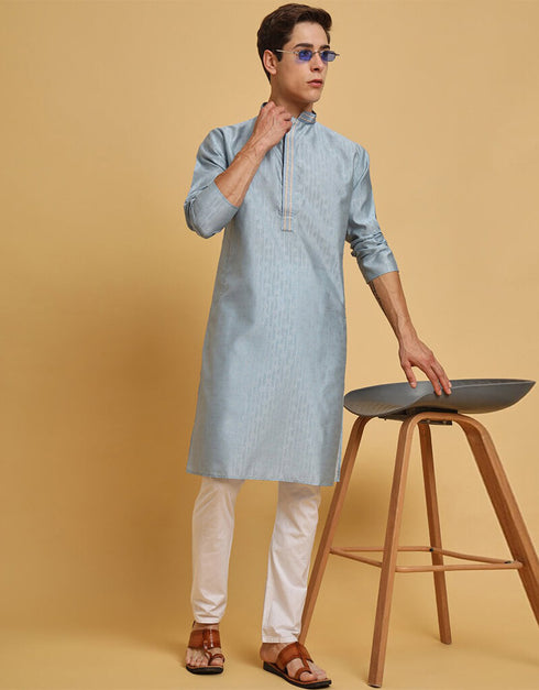 Cadet Blue Kurta Wool Cotton Payjama Closure View