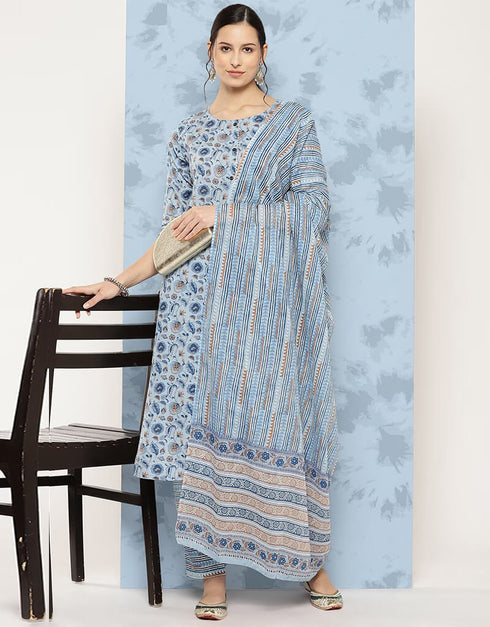 Rock Blue Pure Cotton Straight Pant Closure View