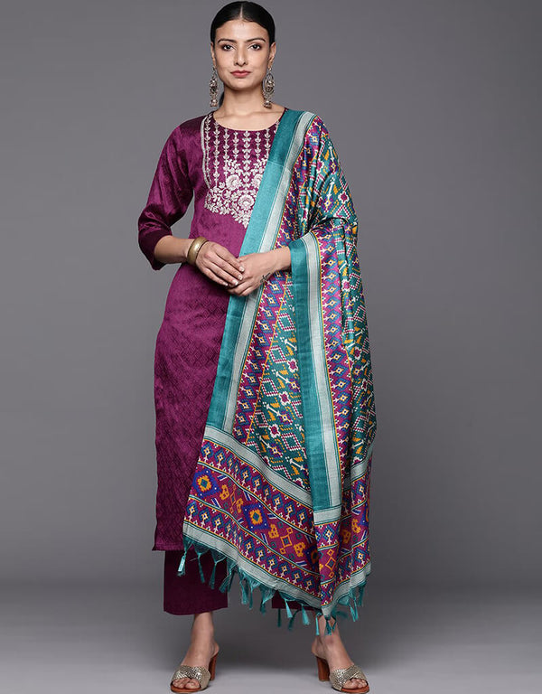 Grape Purple Silk Blend Straight Pant