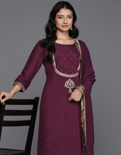 Wine Berry Silk Blend Straight Pant Closure View