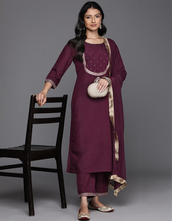 Wine Berry Silk Blend Straight Pant