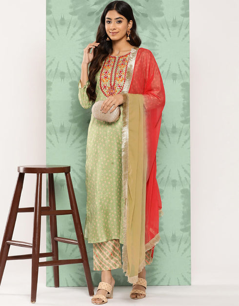 Tan Green Silk Blend Straight Pant