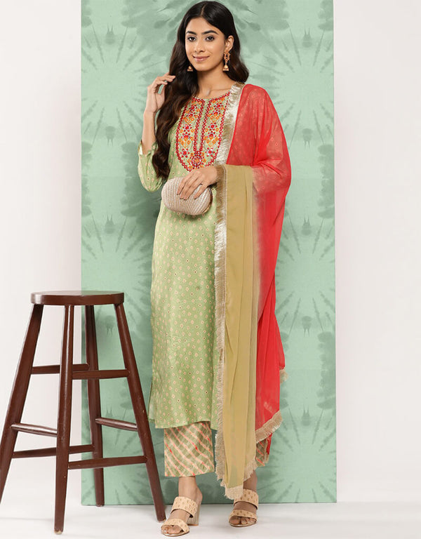 Tan Green Silk Blend Straight Pant