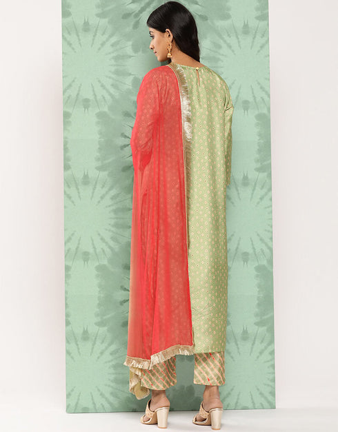 Tan Green Silk Blend Straight Pant Women