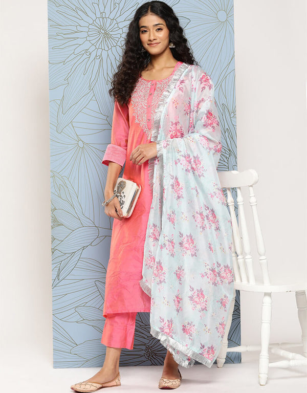 Rose Pink Chanderi Silk Straight Pant