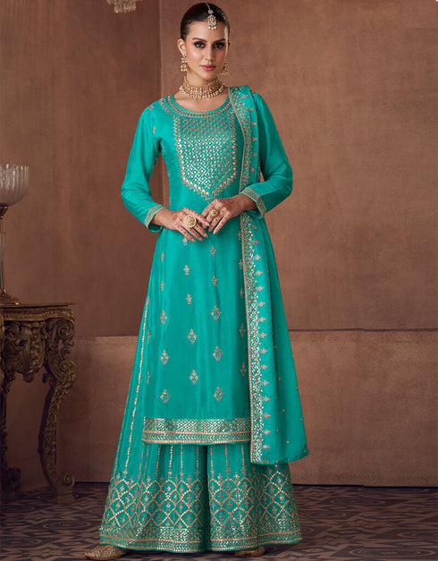 Turquoise Chinon Palazzo Salwar