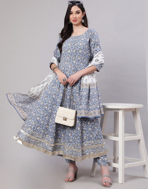 Cadet Blue Pure Cotton Anarkali Pant