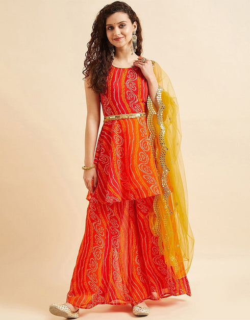Orangey Red Poly Georgette Suit Palazzo