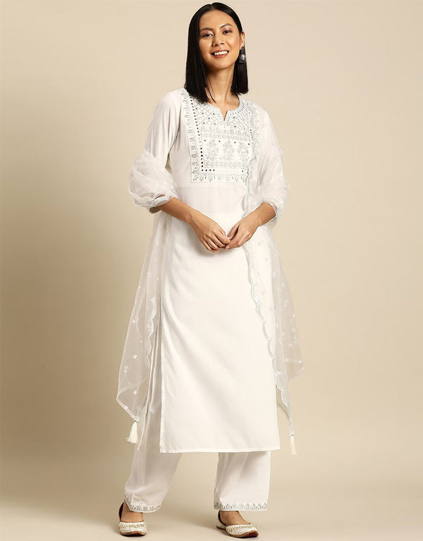 Ecru White Viscos Rayon Anarkali Pant