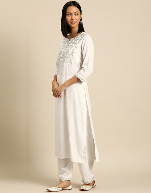 Ecru White Viscos Rayon Anarkali Pant Closure View
