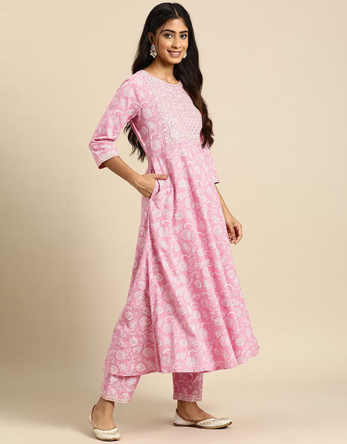 Pastel Pink Pure Cotton Anarkali Pant Closure View