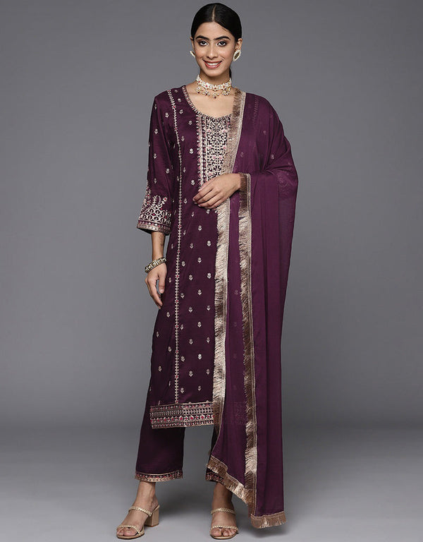 Wine Berry Blended Silk Straight Pant