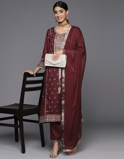 Wine Blended Silk Straight Pant