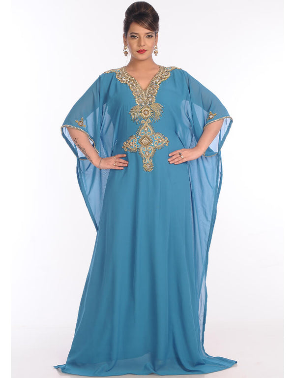 Muslim Firozi Blue Georgette Hand Embroidery Party Wear Kaftan