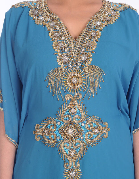 Muslim Firozi Blue Georgette Hand Embroidery Party Wear Kaftan