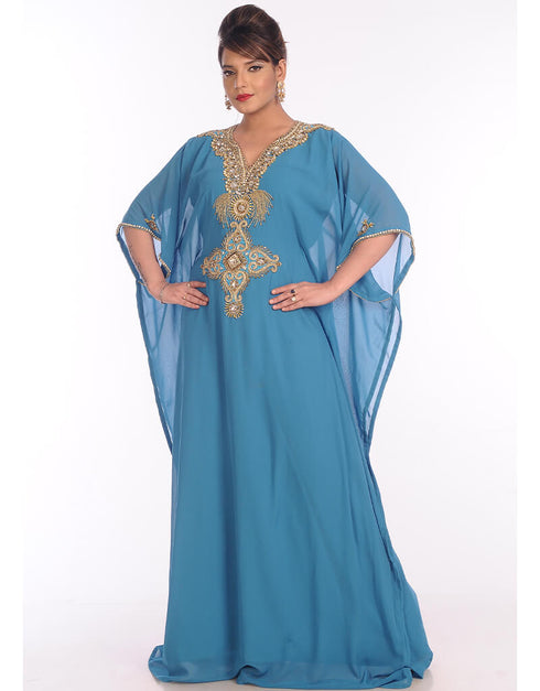 Muslim Firozi Blue Georgette Hand Embroidery Party Wear Kaftan