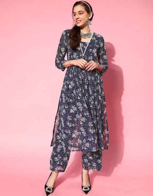 Blue Silk Georgette Straight Pant