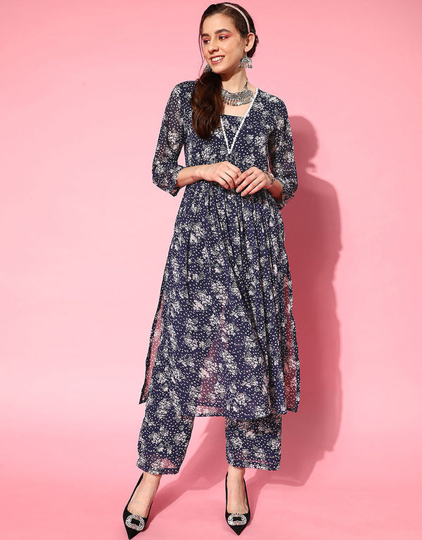 Blue Silk Georgette Straight Pant