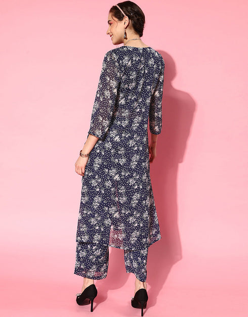 Blue Silk Georgette Straight Pant Closure View