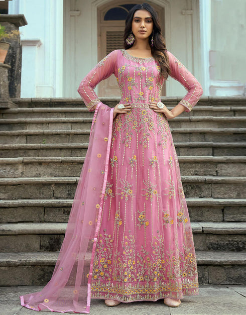 Pink Heavy Butterfly Net Pant Anarkali