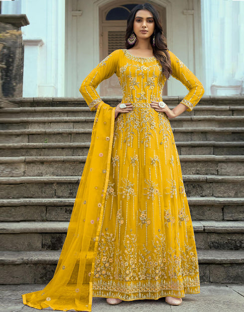 Yellow Heavy Butterfly Net Pant Anarkali