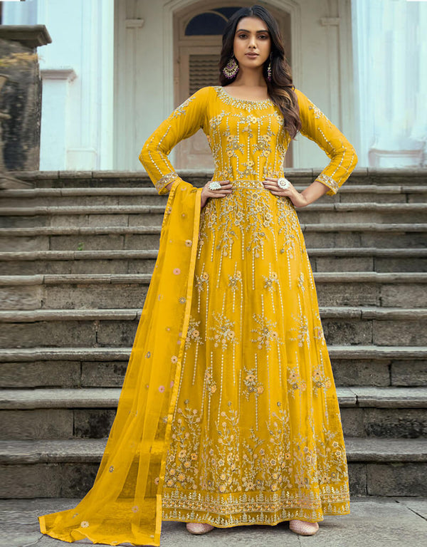 Yellow Heavy Butterfly Net Pant Anarkali