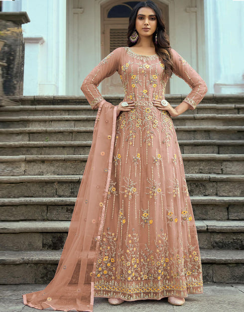 Peach Heavy Butterfly Net Pant Anarkali