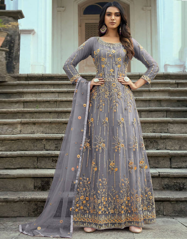 Grey Heavy Butterfly Net Pant Anarkali