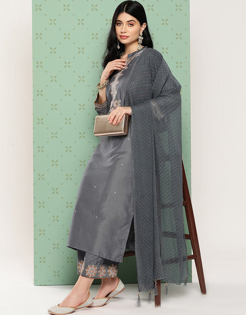 Friar Grey Silk Blend Straight Pant