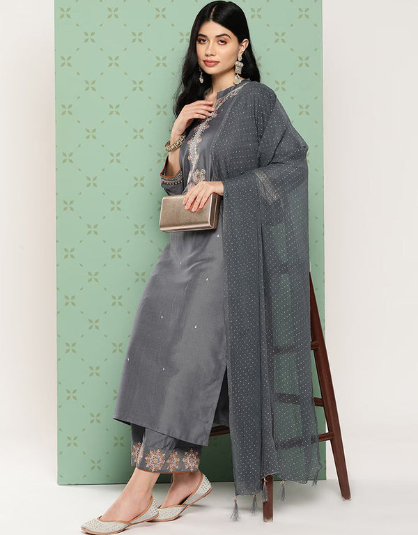 Friar Grey Silk Blend Straight Pant