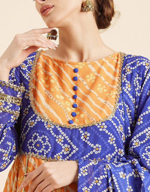 Trendy Style Anarkali Dress With Dupatta Indian Yellow Georgette Pant Anarkali Close-up View