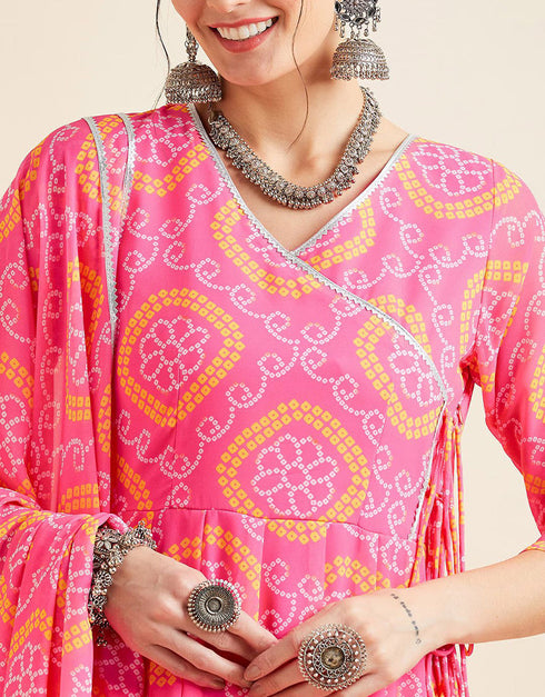 Trendy Style Anarkali Dress With Dupatta Rosy Pink Georgette Pant Anarkali Close-up View