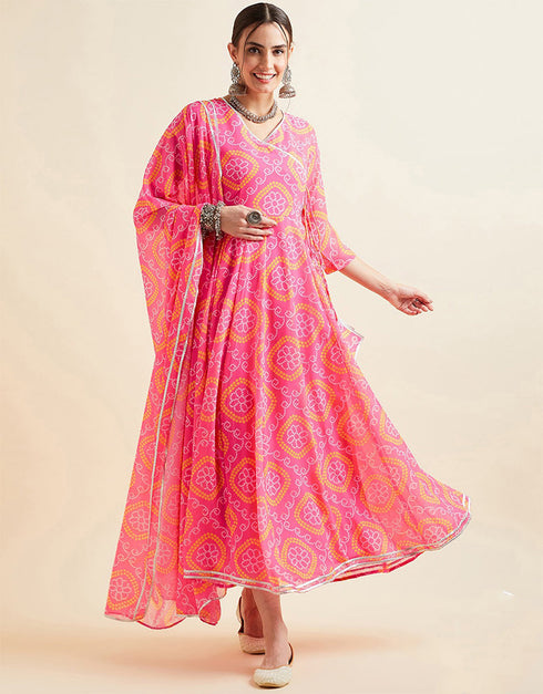 Trendy Style Anarkali Dress With Dupatta Rosy Pink Georgette Pant Anarkali Front View