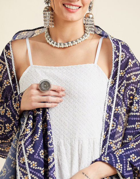 Chikankari A-Line Gown With Dupatta White Georgette Pant Gown Close-up View